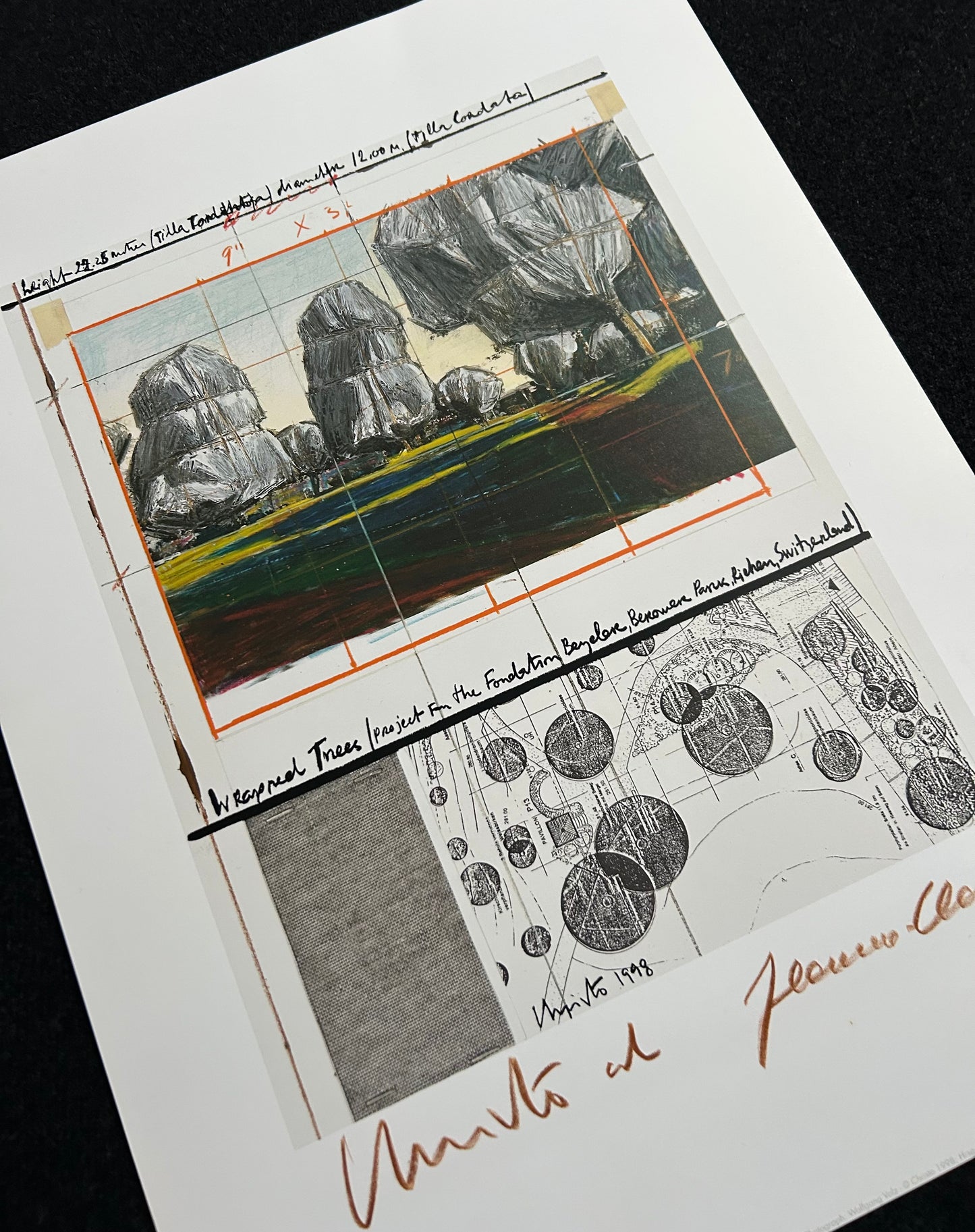 Christo (1935-2020) - „Wrapped Tress, Project for the Fondation Beyeler and Berower Park, Switzerland" - Collage in zwei Teilen (signiert)