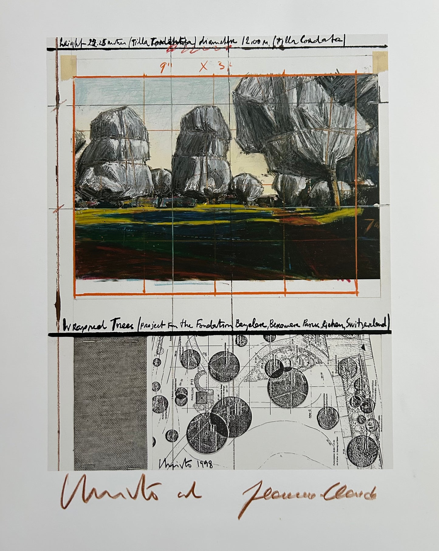 Christo (1935-2020) - „Wrapped Tress, Project for the Fondation Beyeler and Berower Park, Switzerland" - Collage in zwei Teilen (signiert)