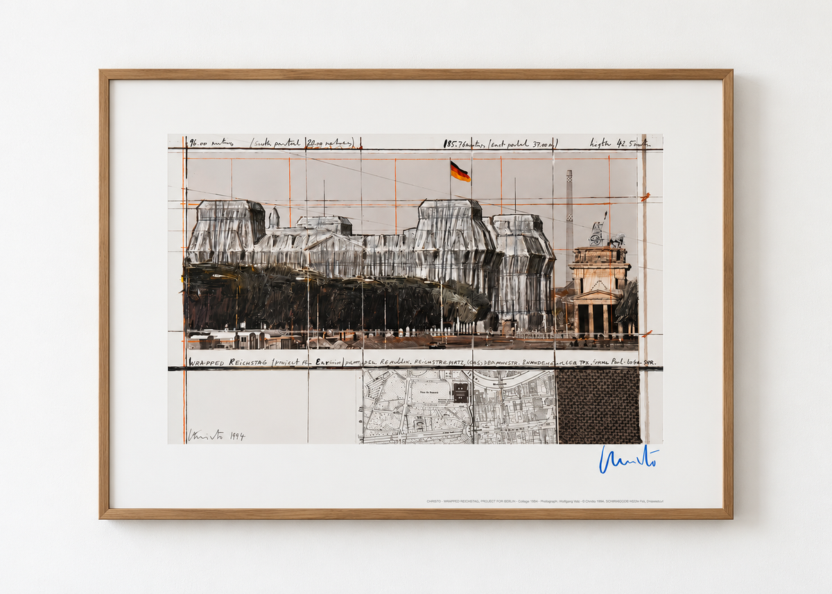 Christo (1935-2020) - „Wrapped Reichstag, Project for Berlin" - Collage mit Silberfolie (handsigniert)
